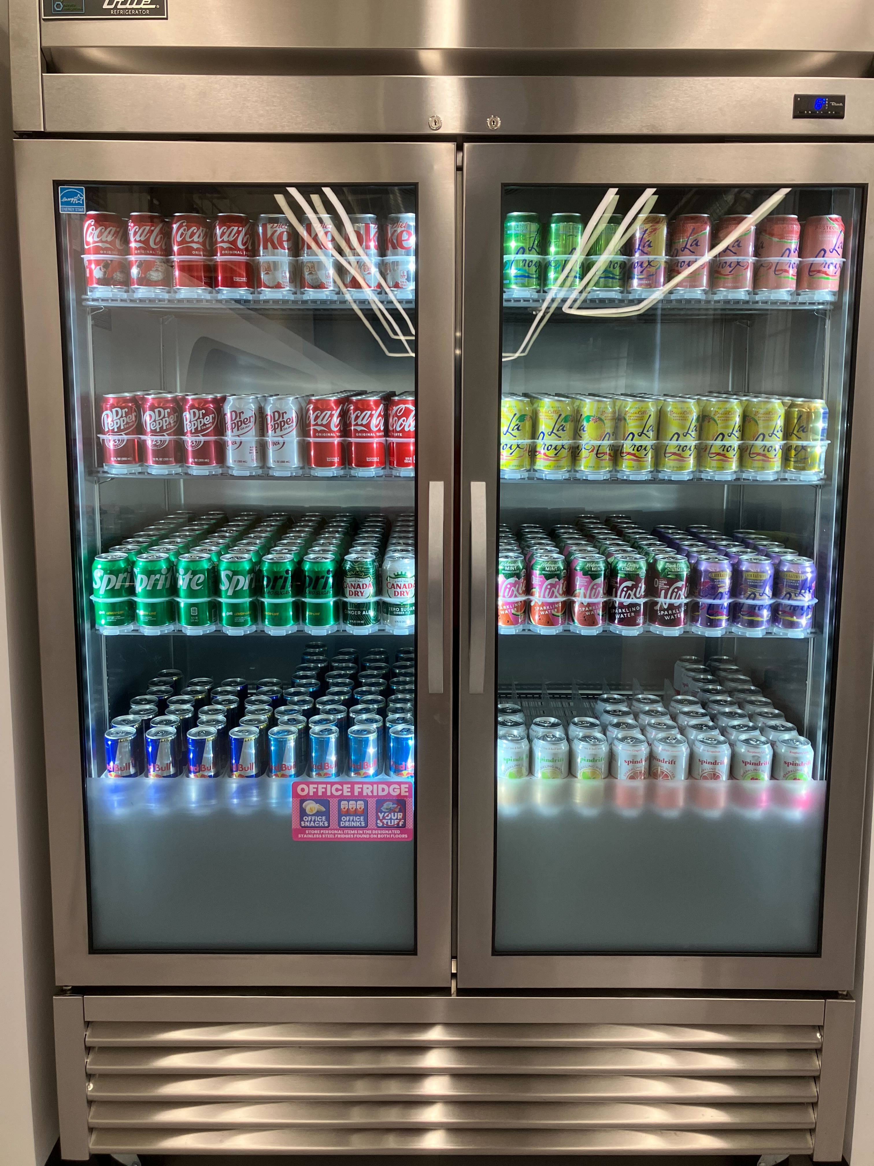 Discord beverage refrigerator with variety of drinks