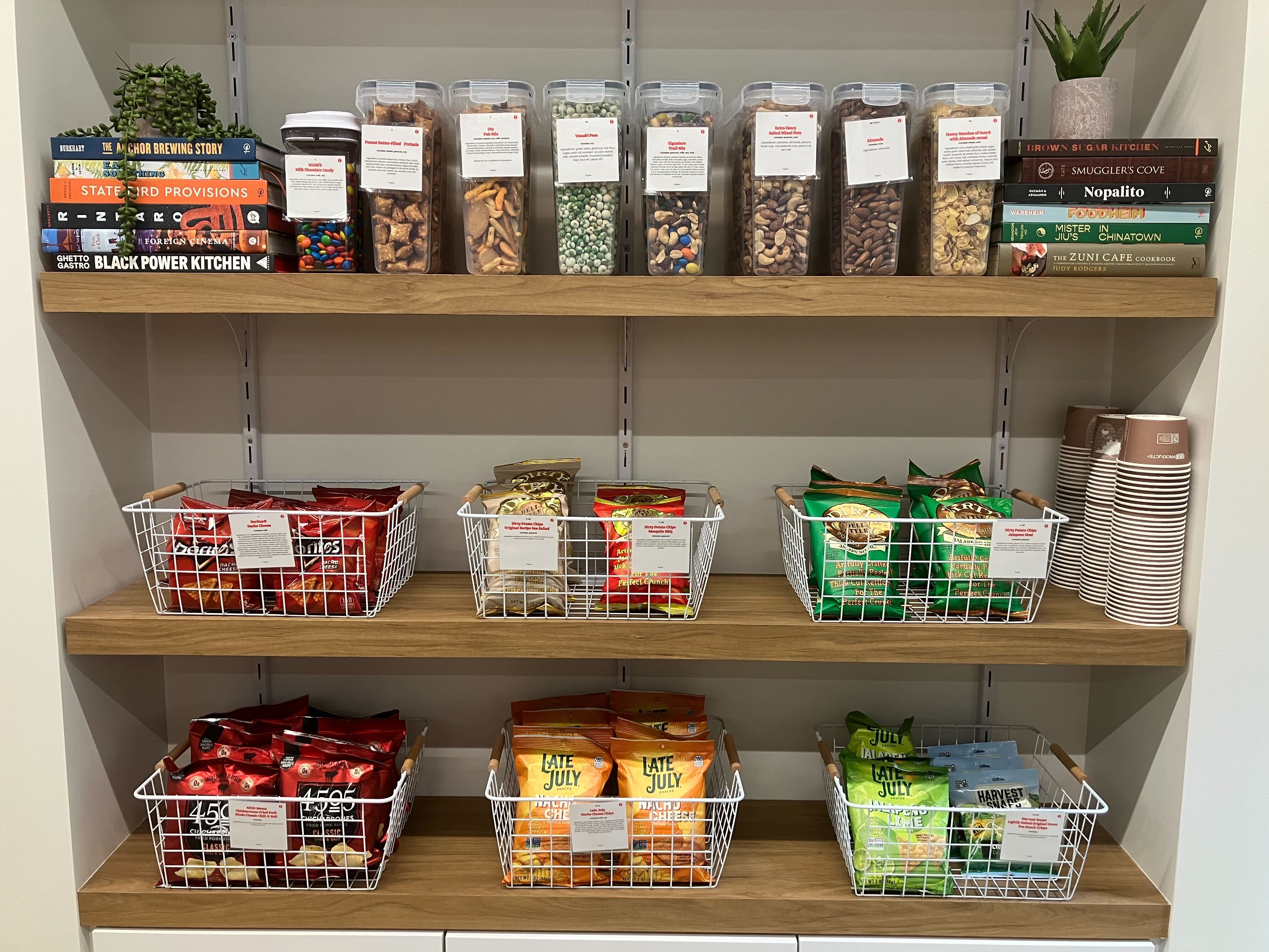 Discord organized pantry with snacks and beverages