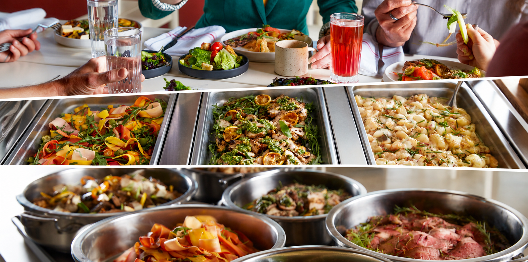Three-panel collage of Just Fare workplace catering: team dining together, a buffet line with fresh seasonal dishes, and large serving pots of proteins and roasted vegetables
